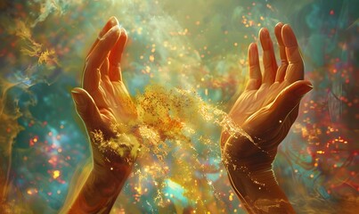 Praying hands with faith in religion and belief in God on blessing background. Power of hope or love and devotion. Magic powder floating on the magician hand. 