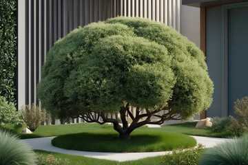 3D Visualization of Isolated Buxus Sempervirens Shrub in Natural Landscape Design