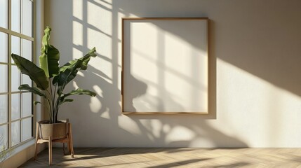 Wall Mural - Minimalist Interior with a Framed Blank Canvas and a Plant in a Corner