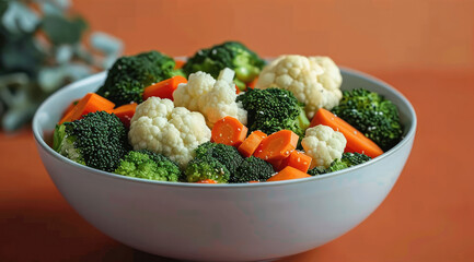 Wall Mural - Bowl of broccoli, cauliflower and crinkle cut carrots, fresh steamed, fresh vegetables, mixed vegetables, orange background. Generative AI.