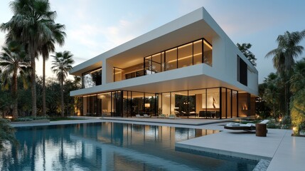 Wall Mural - Exterior of amazing modern minimalist cubic villa with large swimming pool among palm trees