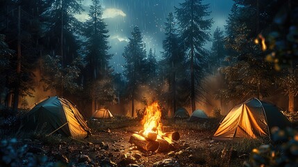 Poster - A camping unfolds beside a crackling bonfire. Tents are pitched under the sheltering canopy of trees. Generative AI.