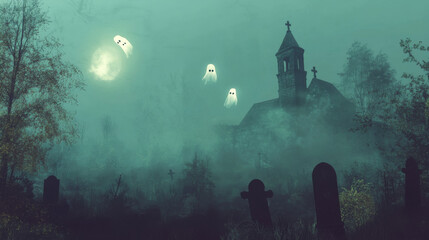 A fog-covered graveyard where transparent ghosts drift eerily between ancient tombstones, perfect for adding a supernatural element to your designs.