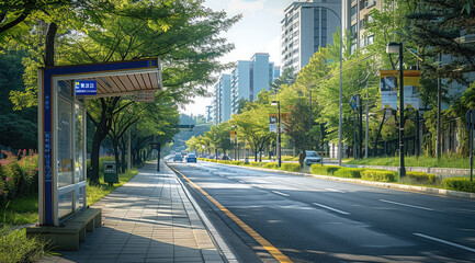 Poster - A bus stop with blue and white signage on one end of it, The area next to that wall has green grass and trees, The other half of the street nearby is lined by modern buildings. Generative AI.