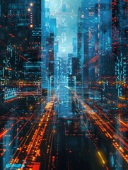 Wall Mural - A dramatic and clear photo of a futuristic digital cityscape, featuring vibrant neon lights and dynamic data streams.