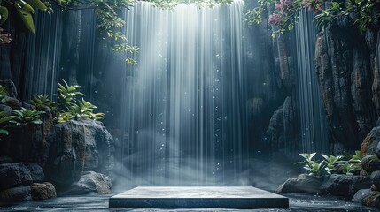 Poster - A stone stage with a waterfall, refreshing and natural background, minimalist stage design, soft and cool light, Crystal Clear. Generative AI.