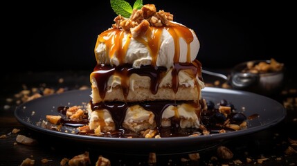 Wall Mural - a sumptuous serving of peanut butter and caramel dessert loaded with chocolate and caramel syrup