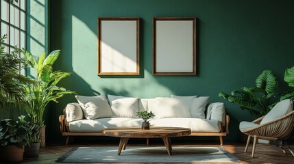 Rustic coffee table near sofa against green wall with two frames. Scandinavian home interior design of modern living room