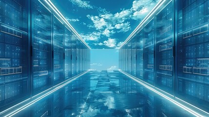 Leinwandbilder - High-performance computing, Data center analysis, Big data analysis, Cloud computing infrastructure, Data flow management, color in blue and white tones. Generative AI.