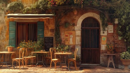 Charming italian restaurant with tables and chairs outside in the sunlight