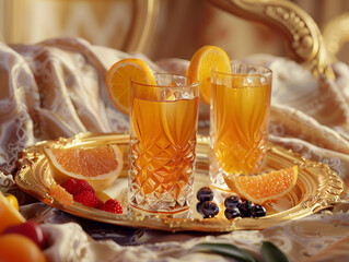 cool refreshments, fruit juices served on gold tray