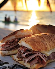 a Melted Provolone Roast Beef Sandwiches, on wooden plate, food concept, restaurant, food banner