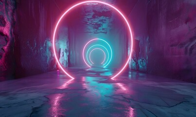 Wall Mural - Glowing neon ring light in tunnel. 3d render. Futuristic abstract wallpaper. 