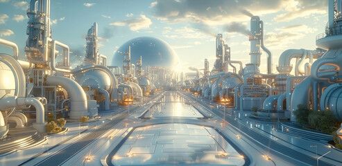 Aufkleber - Futuristic smart factory industry landscape. Generative AI.
