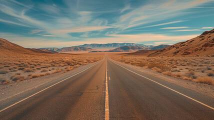 Wall Mural - a desert road stretching into the horizon, flanked by arid terrain