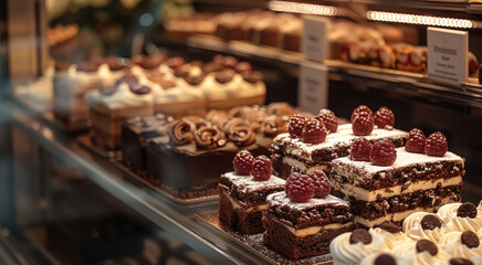 Poster - Decadent chocolate cakes and pastries, rich and indulgent, soft evening light, in a chic dessert shop. Generative AI.