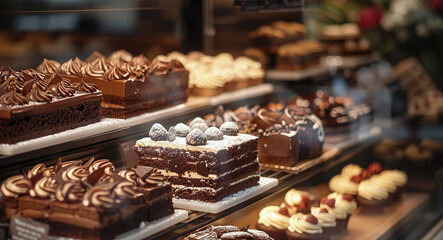 Poster - Decadent chocolate cakes and pastries, rich and indulgent, soft evening light, in a chic dessert shop. Generative AI.
