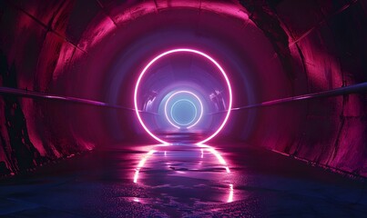 Glowing neon ring light in tunnel. 3d render. Futuristic abstract wallpaper. 