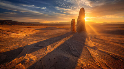 Wall Mural - a desert scene with a solitary rock formation casting long shadows at sunset