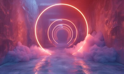 Wall Mural - Glowing neon ring light in tunnel. 3d render. Futuristic abstract wallpaper. 