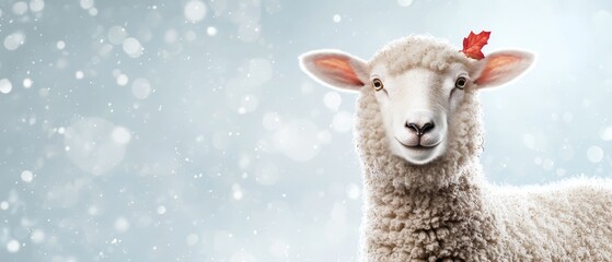  A tight shot of a sheep wearing a red leaf as a headpiece, surrounded by snowflakes descending on the ground