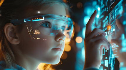 Wall Mural - A young girl wars VR glasses, engaged in an online educational experience. The concept of the future of learning, technology in education, and immersive virtual reality for kids. Generative AI.