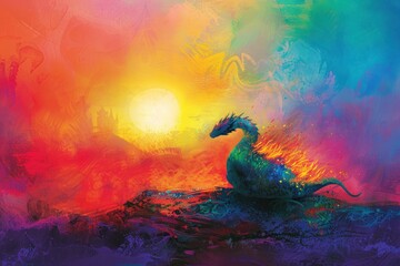 Sticker - Fiery Dragon in a Colorful Sunset.