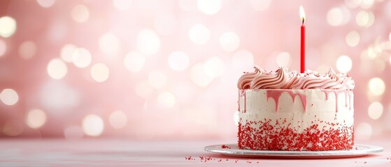 Wall Mural -  A red-and-white birthday cake with a solitary candle on top, against a backdrop of pink-and-white string lights