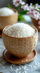 A bowl of white rice is sitting on a wooden tray