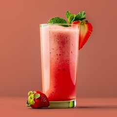 Wall Mural - A refreshing strawberry smoothie in a tall glass, garnished with mint and a strawberry slice.