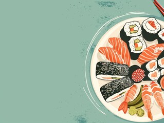 Wall Mural - Delicious Sushi with Chopsticks on a Plate.