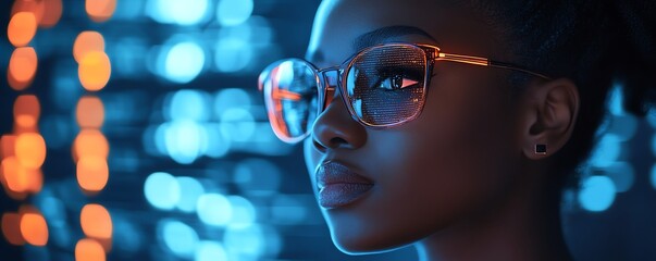 Poster - Female African American IT specialist reviewing holographic data on AI cyber security threats, with a blue and orange color scheme, highlighting augmented reality and AI technology