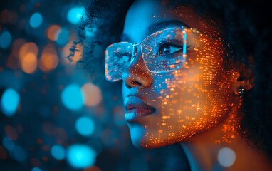 Poster - Female African American IT specialist studying futuristic holographic data on AI cyber security threats, with a blue and orange color palette and augmented reality AI concept