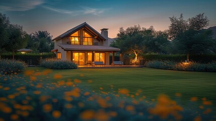 Poster - A small house with a huge garden, beautiful night. Generative AI.