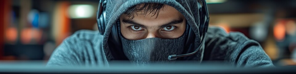 Cybersecurity Threat Visualization: Masked Individual in Call Center Setting. Digital Crime Awareness Concept Highlighting Online Fraud Risks. Protecting Personal Data from Malicious Actors in the Dig