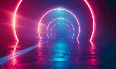 Glowing neon ring light in tunnel. 3d render. Futuristic abstract wallpaper. 