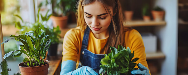 A young asian woman wearing a yellow apron and matching gloves cleans her houseplants by gently wiping their leaves