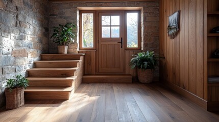 Wooden staircase and stone cladding wall in rustic hallway. Cozy home interior design of modern entrance hall with door