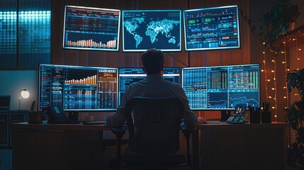 Sticker - A professional forex trader desk. Multiple monitors display various forex charts and data, including bar charts and line graphs. A trader is seated at the desk, analyzing the screens intently.