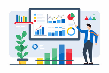 Aufkleber - Flat illustration of man analyzing market trends through data visualization for strategic planning