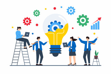 Poster - Flat illustration of team brainstorming creative solutions for business innovation and growth with light bulb cogwheel