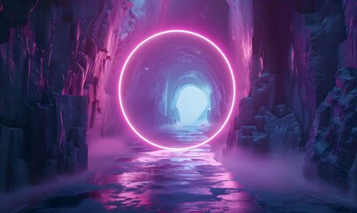 Glowing neon ring light in tunnel. 3d render. Futuristic abstract wallpaper. 