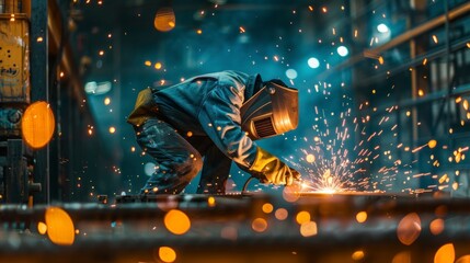 Handymen welding and grinding in workshop, sparks, safety gear.