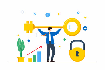 Poster - Flat illustration of man unlocking potential with golden key in business success scenario