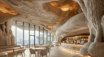 Poster - Modern architectural design of a cave-style restaurant. Generative AI.