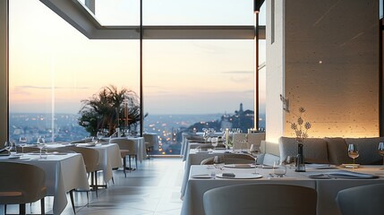 Poster - Ultra luxury, modern, minimalist restaurant with city view. Generative AI.