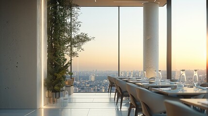 Poster - Ultra luxury, modern, minimalist restaurant with city view. Generative AI.