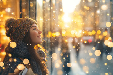 A beautiful woman is smiling and looking at the snow falling outside, wearing winter and a hat. The background is blurred with lights in the city center during the Christmas season. 