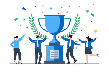 Poster - Flat illustration of people celebrating successful project milestone with trophy and confetti