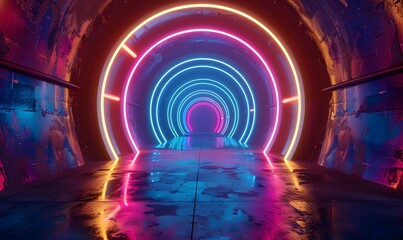 Wall Mural - Glowing neon ring light in tunnel. 3d render. Futuristic abstract wallpaper. 